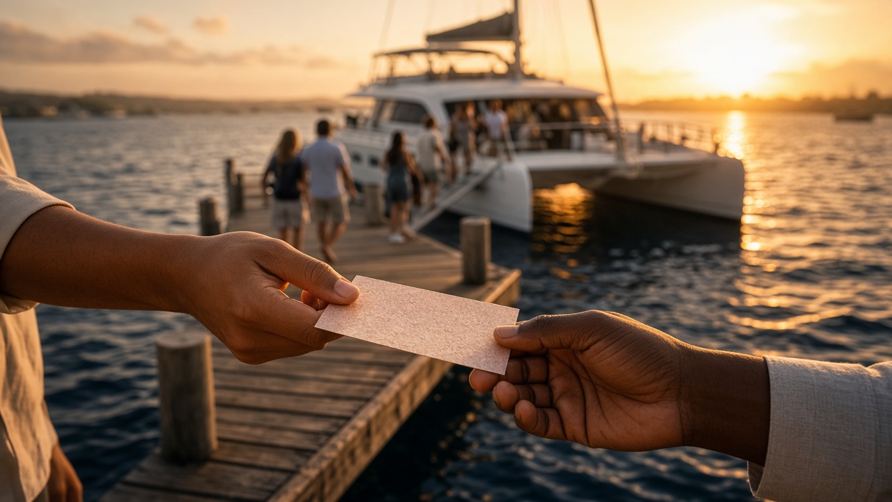 Boarding moment at a Mauritian jetty at golden hour