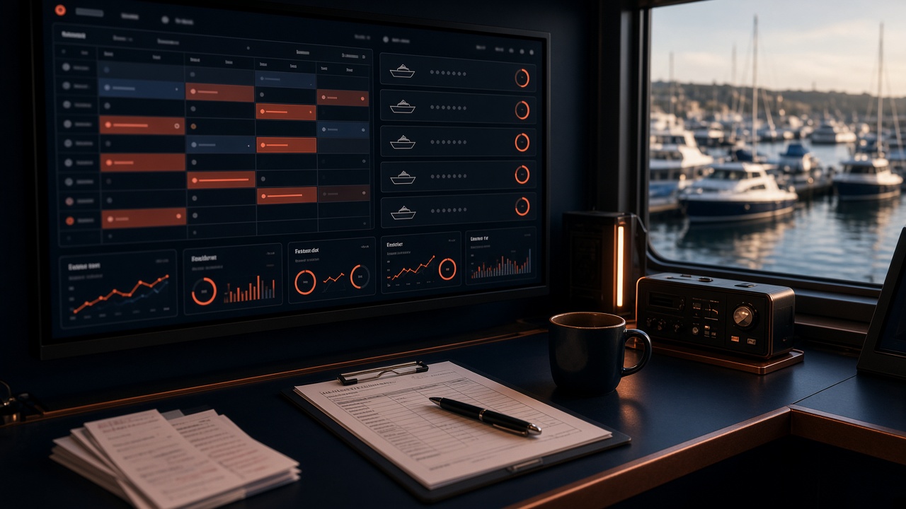 Harbour operations desk with fleet and booking monitors