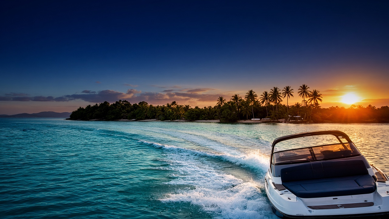 Speedboat cutting turquoise lagoon toward Ile aux Cerfs