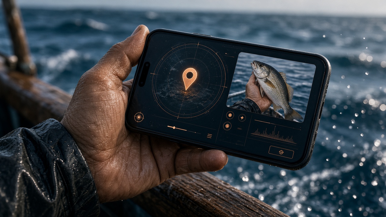 Fisherman recording catch on a mobile device at sea