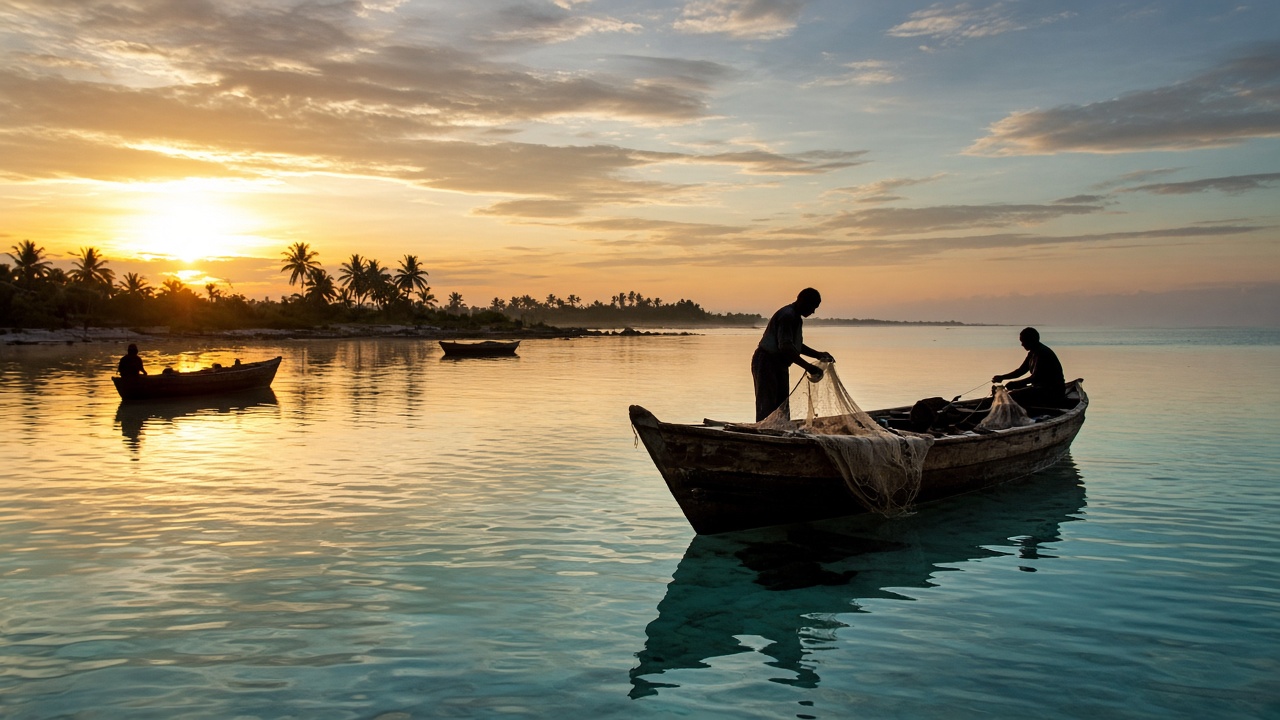 Dawn fishing boats at Trou d'Eau Douce, Mauritius