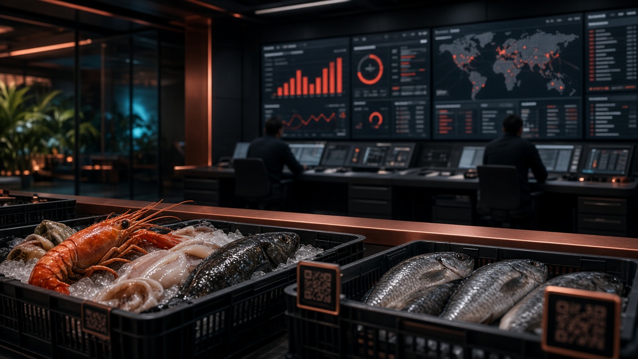 Cooperative operations room with monitors and certified seafood crates