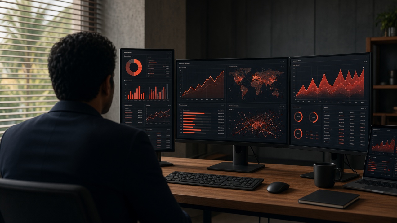 Cinematic Mauritian operator workstation with custom dashboards in ink and vermilion light
