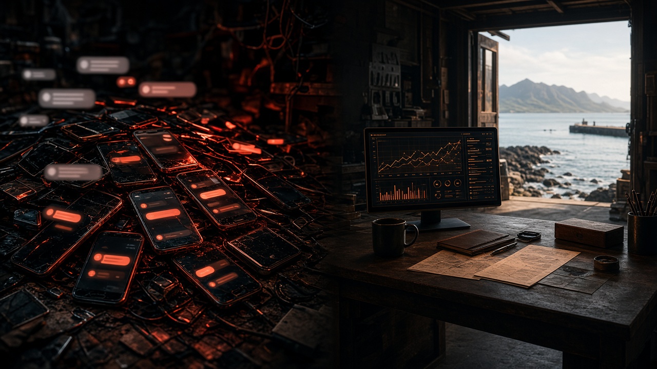 Cinematic split of chaotic phones versus a calm ink-dark operations command desk